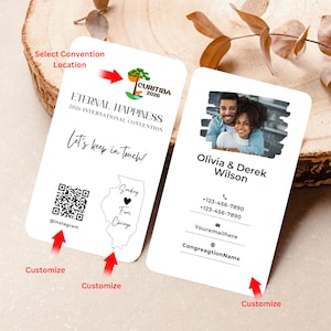 Peut inclure: Deux cartes de visite blanches aux coins arrondis. L'une porte le texte "Eternal Happiness 2026 International Convention" et un code QR. L'autre pr&eacute;sente une photo d'un couple et des coordonn&eacute;es.