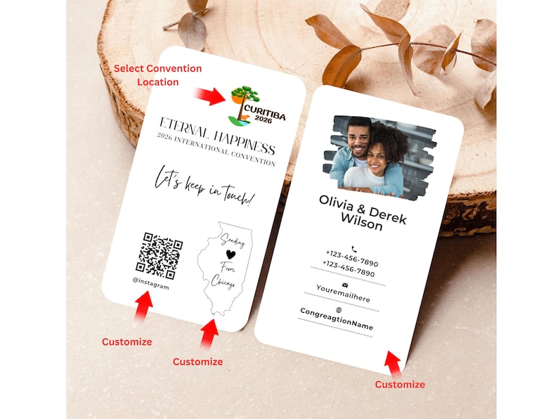 Peut inclure: Deux cartes de visite blanches aux coins arrondis. L'une porte le texte "Eternal Happiness 2026 International Convention" et un code QR. L'autre pr&eacute;sente une photo d'un couple et des coordonn&eacute;es.