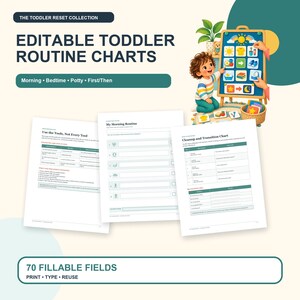 May include: Editable toddler routine charts featuring a collection of printable documents with 70 fillable fields. The set includes a morning routine, cleanup and transition chart, and instructional pages, accompanied by an illustration of a child.