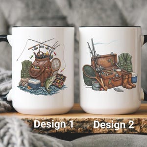 Puede incluir: Taza de cerámica blanca con asa y borde negros, con dos diseños de pesca. El diseño 1 muestra una bolsa de pesca, cañas y un pez. El diseño 2 muestra una caja de aparejos, equipo de pesca y botas. El texto "Design 1" y "Design 2" está abajo.