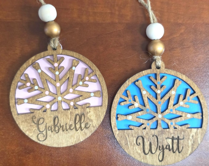 Featured listing image: Personalized Wooden Snowflake Christmas Ornaments – Rustic Elegance for Your Tree!