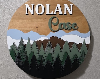 Personalized Layered Wood Mountain Name Sign – Custom Forest Cabin Nursery Decor
