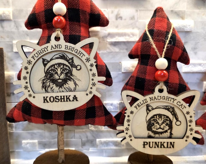 Featured listing image: Personalized Cat Christmas Ornament – Laser-Engraved Wood Magic!