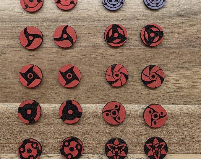 Featured listing image: Mangekyou Sharingan | Itachi, Sasuke, Kakashi, Obito, Madara | Naruto | Anime Gift | Uchiha Cosplay Accessory | Fan Art | Wood Stud Earrings