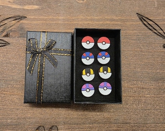 14mm Handcrafted Wooden Pokeball Inspired Stud Earrings | Hypoallergenic Stainless Steel Posts | Gamer Gift