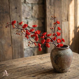 Könnte beinhalten: Eine verwitterte Keramikvase zeigt Zweige mit leuchtend roten Blüten. Die Blüten haben zarte Blütenblätter und ein natürliches Aussehen. Die Vase steht auf einer Holzoberfläche und schafft eine warme und einladende Ästhetik. Die Vase ist etwa 20 cm hoch.