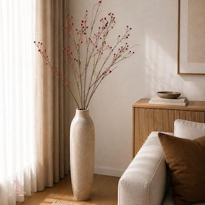 Op de afbeelding: Een hoge, cilindrische, beige vloervaas met een getextureerde, steenachtige afwerking. De vaas bevat verschillende slanke, vertakte stelen versierd met kleine, ronde, felrode bessen, wat zorgt voor een natuurlijk en verticaal arrangement.