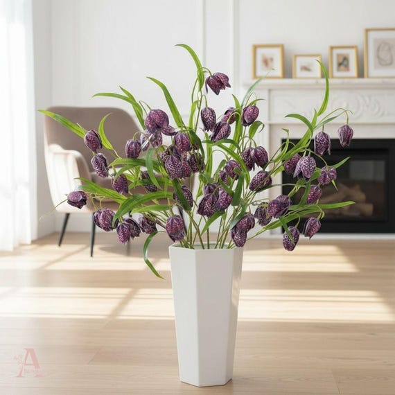 Realistic Checkered Lily Fritillaria Stems, Purple Wildflowers, Fabric Floral Decor
