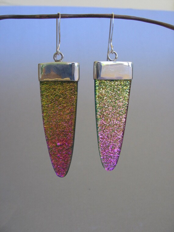 Items similar to Dichroic Glass Dagger Shape Silver Earrings on Etsy