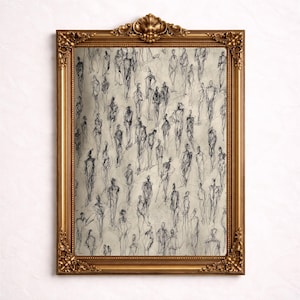 Può includere: Un'opera d'arte incorniciata con un disegno di numerose figure in inchiostro nero su sfondo color crema. La cornice dorata ornata aggiunge un tocco classico al pezzo, adatta per l'arredamento murale.