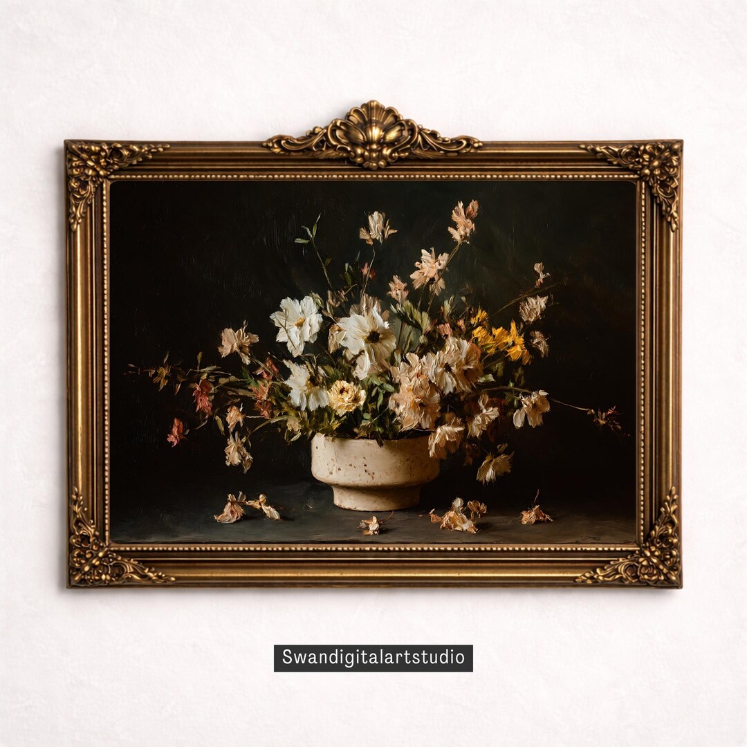 Dark Floral Still Life Print | Vintage Botanical Oil Painting (digital ...