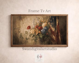 May include: A framed digital art print featuring a floral arrangement with red, blue, and white flowers, and an American flag. The artwork is in a rectangular wooden frame. The text "Frame Tv Art" and "Swandigitalartstudio" are visible.