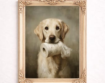 Arte divertido para la pared del baño: Perro dorado con papel higiénico (descarga digital)