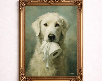 Arte divertido para pared de baño: perro con papel higiénico, pintura vintage, descarga digital
