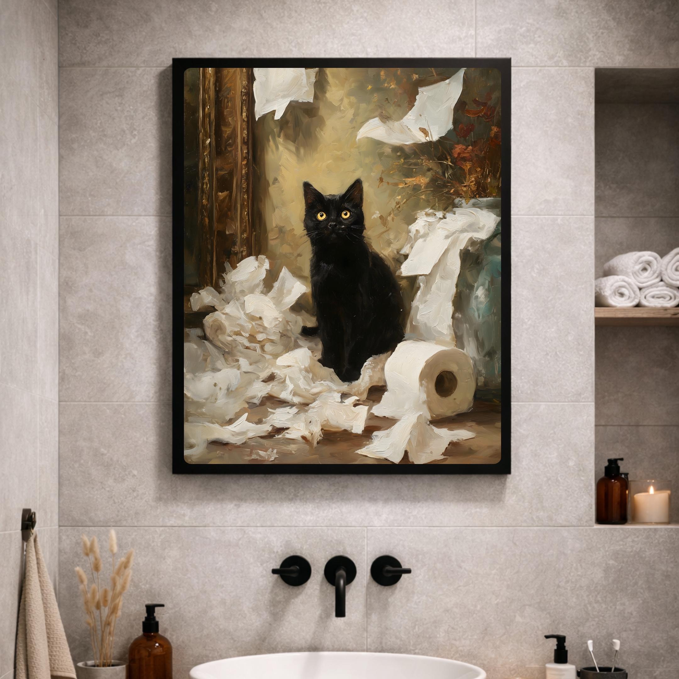 Funny Black Cat Toilet Paper Painting, Vintage Bathroom Wall Art Decor ...