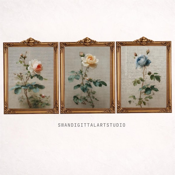 Set of 3 Moody Floral Wall Art, Botanical Oil Painting Prints, Rose Decor