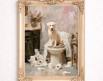 Arte divertido para la pared del baño: Cuadro vintage de perro en el inodoro, descarga digital