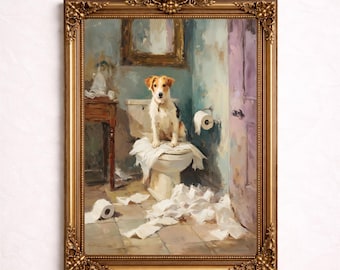 Arte divertido para pared de baño: Cuadro vintage de un perro pequeño en el inodoro, descarga digital