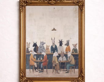 Può includere: Una stampa artistica incorniciata raffigura una scena di bar con figure di animali antropomorfi. L'opera presenta una cornice dorata ornata. Gli animali, vestiti con abiti umani, sono riuniti al bar e seduti ai tavoli, in interazione sociale.