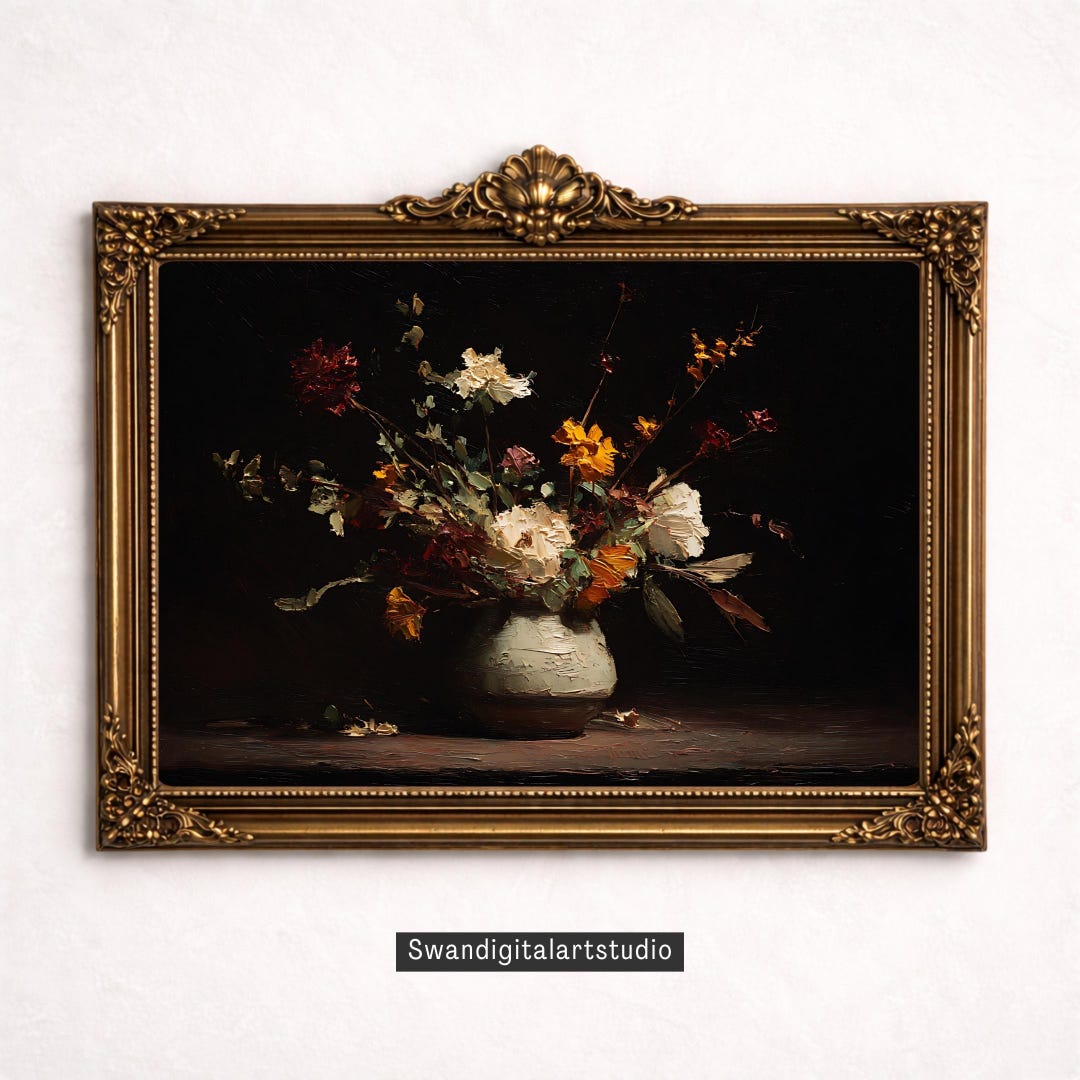 Dark Floral Still Life Art Print | Moody Botanical Painting (digital ...