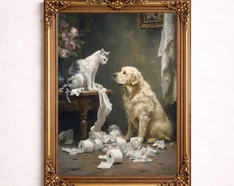 May include: A framed painting depicts a cat and a golden retriever surrounded by torn toilet paper. The cat, with gray and white markings, sits atop a small table, while the dog sits on the floor. The frame is ornate and gold.