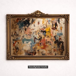 May include: An abstract painting in a gold ornate frame. The artwork features a chaotic composition of figures and shapes in various colours, including blue, yellow, pink, and black. The text "Swandigitalartstudio" is at the bottom.