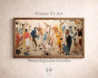 May include: Abstract painting in a wooden frame. The artwork features a crowd of figures in various colors, including red, yellow, and blue. The text "Frame Tv Art" is at the top, and "Swandigitalartstudio" is at the bottom.