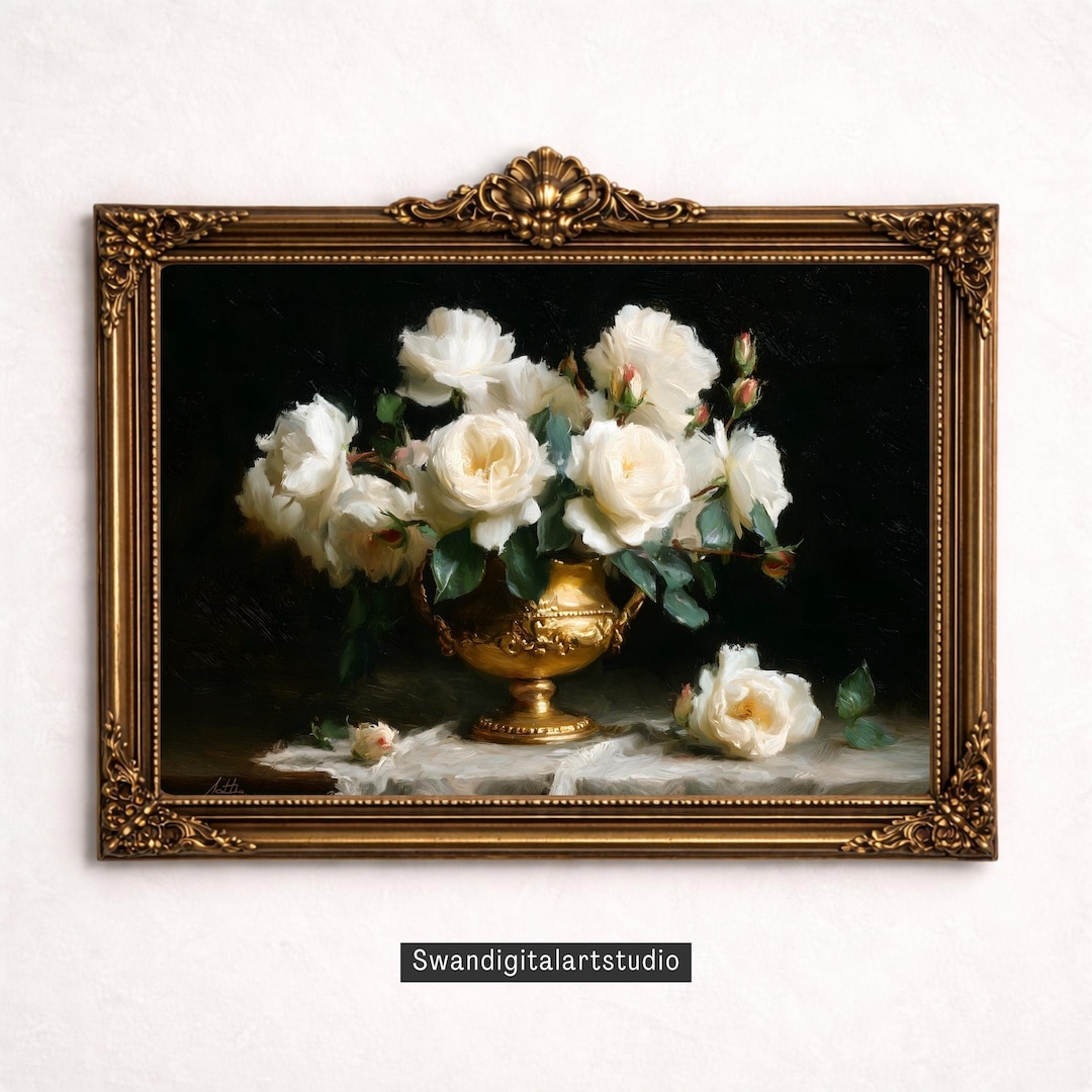 White Roses Vintage Wall Art Printable Antique Floral Oil Painting ...