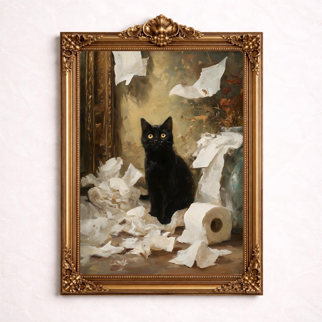 Funny Black Cat Toilet Paper Painting, Vintage Bathroom Wall Art Decor ...