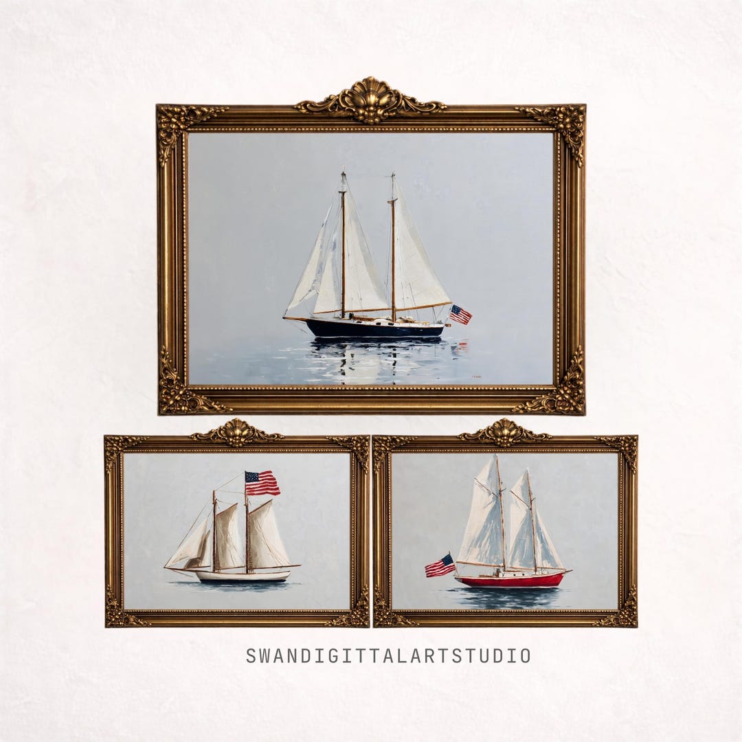 Vintage Sailboat Wall Art Set, Nautical Boat Prints, Coastal Printable ...