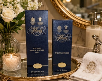 Vintage Floris London Stephanotis Bath Shower Gel & Talcum Powder NOS Sealed Royal Warrant Gift Set Discontinued 1990s Luxury