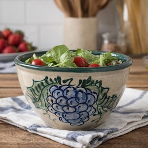 May include: A ceramic salad bowl with a blue and green grape design. The bowl is filled with fresh greens and cherry tomatoes. It sits on a striped cloth napkin on a wooden table. Strawberries are in the background.