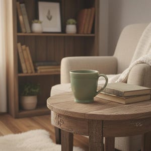 May include: A cozy living room scene featuring a green mug on a round wooden table with two books. A cream-colored armchair is draped with a knitted throw. A wooden bookshelf and a white rug complete the warm, inviting setting.