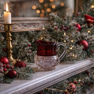 以下が含まれることがあります： 金色の燭台に灯されたろうそく、赤と透明なガラスのピッチャー、常緑樹の枝、赤いオーナメント、赤いリボンで作られたガーランドが特徴の、お祝いのクリスマスのディスプレイ。温かく柔らかな照明で照らされています。