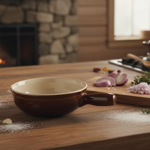 May include: A brown ceramic soup bowl with a handle sits on a wooden table, alongside a small bowl of grated cheese, garlic cloves, and salt. A cutting board with chopped onions, herbs, and garlic is also present, suggesting a culinary theme.