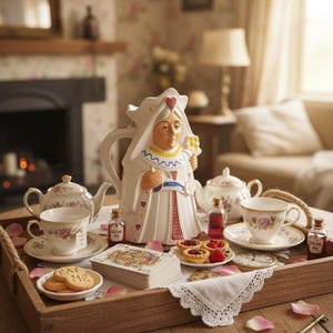 May include: A wooden tray holds a whimsical tea set, featuring a teapot shaped like a queen, teacups, and a sugar bowl. The tray also has cookies with the words "EAT ME", a deck of cards, and small bottles labeled "DRINK ME".