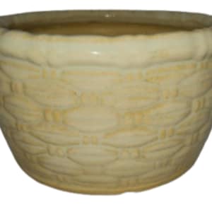May include: A cream-colored ceramic planter with a basket weave design. The planter has a rounded shape with a slightly flared rim. The textured surface and neutral color make it suitable for various plants and decor styles.