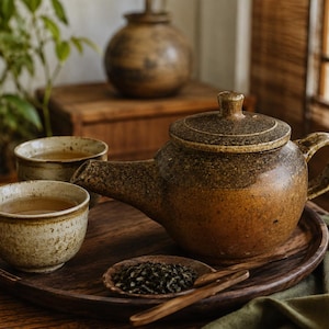 May include: A ceramic teapot with a speckled brown glaze and a matching lid, accompanied by two small speckled ceramic tea cups filled with light brown tea, all arranged on a dark circular wooden tray with a small dish of loose tea leaves.