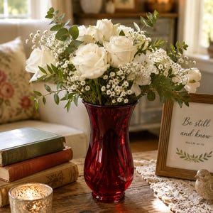 May include: A bouquet of white roses and baby's breath with green eucalyptus leaves arranged in a deep red glass vase. The vase has a flared rim and a tapered neck, sitting on a wooden surface alongside a small candle holder and a framed sign.