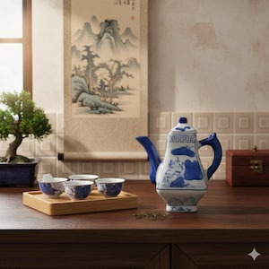 Two’s Company Canton Blue & White Square Teapot – Chinoiserie Porcelain, Cobalt Landscape China, Decorative Collectible Tea Pot