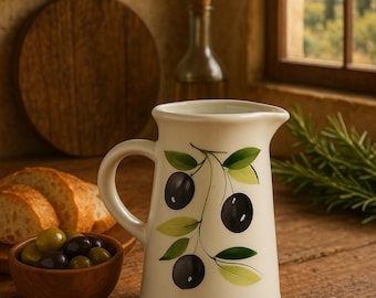 Vintage Italian Olive Pitcher Hand Painted Ceramic Creamer Tuscany Farmhouse Kitchen Decor