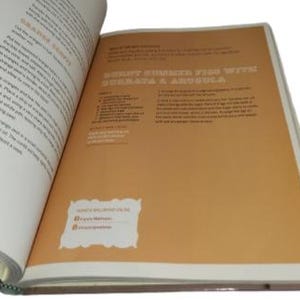 May include: Open cookbook pages with text and a recipe for Burnt Summer Figs with Burrata & Arugula. The right page is tan with the recipe title in brown. The left page has text about oranges. A white label with social media handles is on the right page.