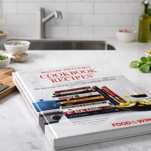 May include: A cookbook titled "Best of the Top 25 Best Cookbook Recipes" is open on a white countertop. The cover features a stack of cookbooks and a wine glass. Ingredients like tomatoes, lemons, and herbs are nearby, suggesting a culinary theme.