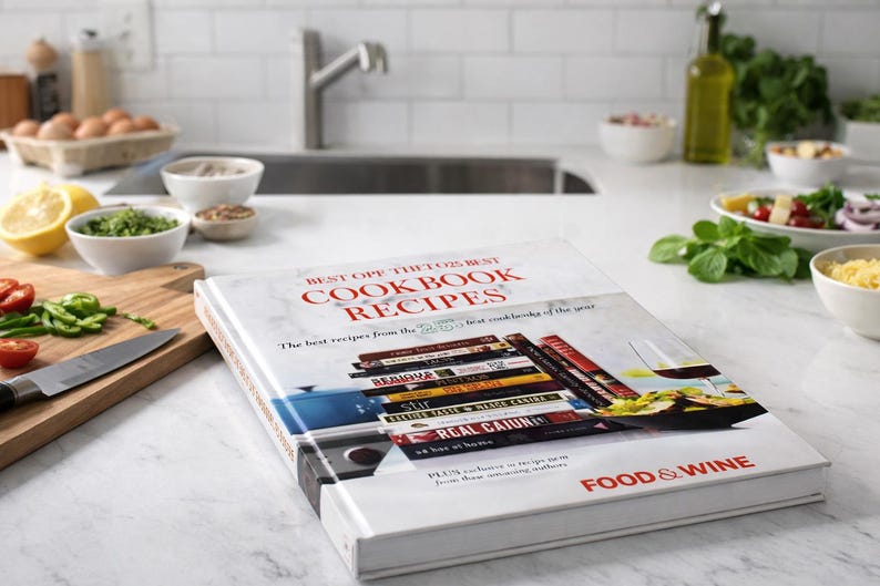 May include: A cookbook titled "Best of the Top 25 Best Cookbook Recipes" is open on a white countertop. The cover features a stack of cookbooks and a wine glass. Ingredients like tomatoes, lemons, and herbs are nearby, suggesting a culinary theme.