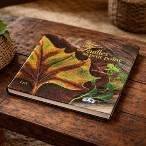 May include: A hardcover book titled "Feuilles au petit point" by José Ahumada. The cover features a close-up of a colorful leaf in shades of yellow, green, and brown. The book is on a wooden surface.