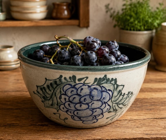 Hand-painted stoneware bowl from a real New Hampshire pottery studio — the grape motif and cottagecore charm make it a displayable piece of functional art, not just a bowl.
