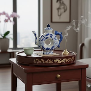 Two's Company Canton Collection Teapot – Blue & White Donut Ring Teapot w/ Dolphin Handle, Decorative Chinoiserie Vase 7.5"