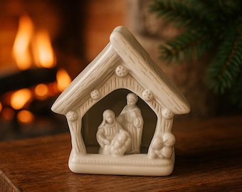 Miniature Ceramic Nativity Scene Figurine – Cream Glazed Holiday Christmas Decoration Gift