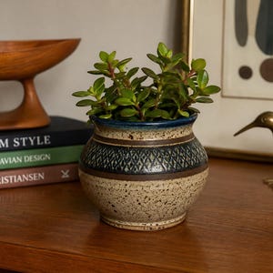 May include: A ceramic planter with a speckled beige base and a dark blue rim. The upper section features a band with a dark brown and blue geometric diamond pattern. A small green succulent plant with thick leaves is potted inside the round vessel.