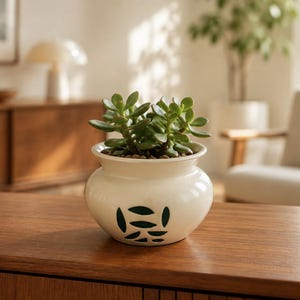 May include: A small, cream-colored ceramic planter with a rounded body and a flared rim. The exterior features a pattern of dark green, leaf-shaped markings. A green succulent plant with thick, fleshy leaves is potted inside the container.